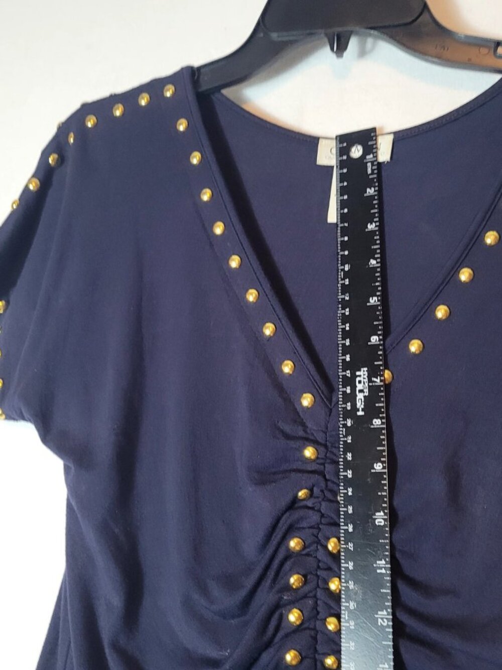 Carmen Marc Valvo Medium Navy Rayon Spandex Studded Top - Picture 6 of 14